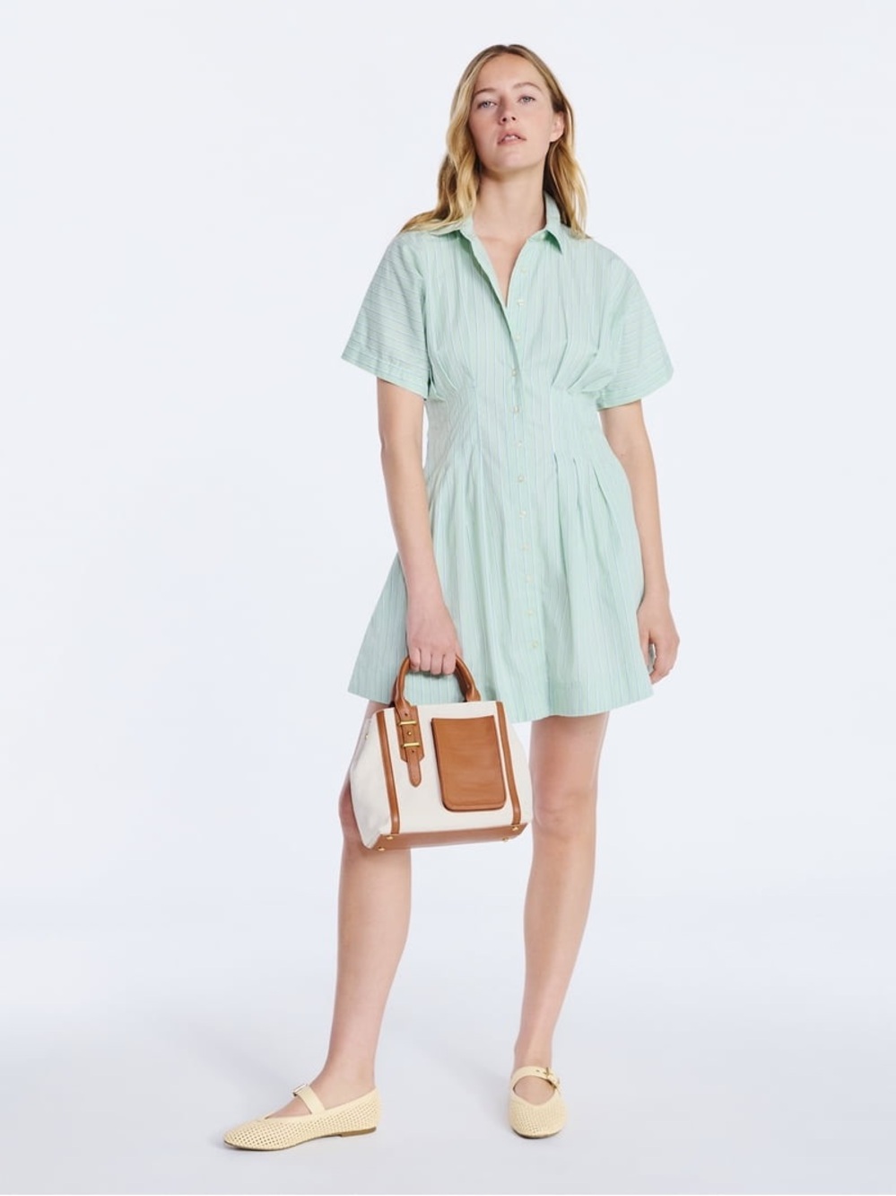 NWOT Free Assembly 100% Cotton Corset Mini Shirt Dress, Mint Green Stripe – M